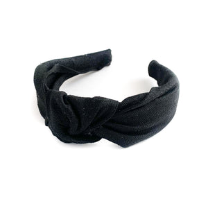 Solid black linen knotted headband for adults. Flexible and comfortable knotted headband that can fit adults and children.